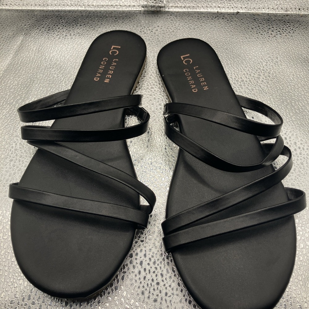 LC Lauren Conrad Black Strappy Slip On Flat Sandals  Women's 9